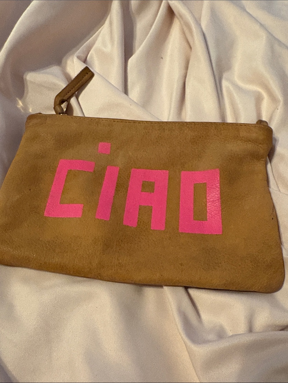 Clare V Tan Suede Wristlet Clutch with Pink CIAO Graphic